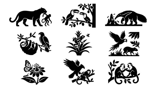 Black silhouettes of various wild animals.