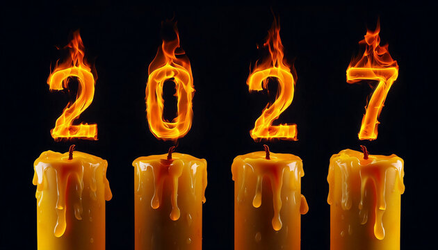 anno nuovo 2027 rappresentato con candele accese e fiamme, new year 2027 represented with lit candles and flames