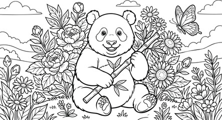 Obraz premium Cute cartoon panda bear sitting peacefully in a stylized bamboo and flower garden bamboo leaves flowers