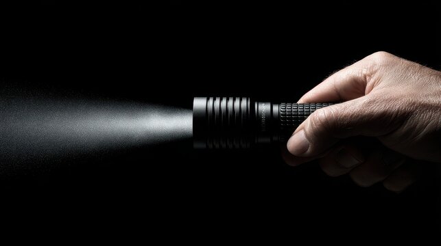 Editorial style portrait of a hand and flashlight producing a wide, dramatic beam in darkness