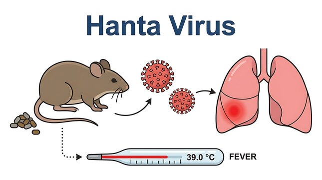 Medical illustration showing hantavirus transmission from rodent to human