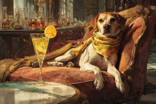 Elegant canine in a chic bar scene sipping a decorative cocktail