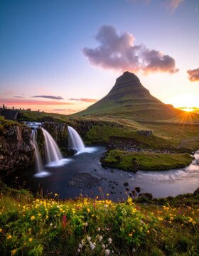 A scenic view of Kirkjufell mountain and waterfall at sunset.