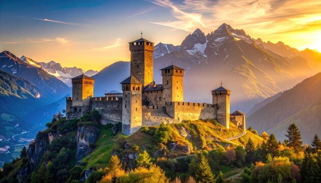 A medieval castle stands majestically on a hilltop at sunset.