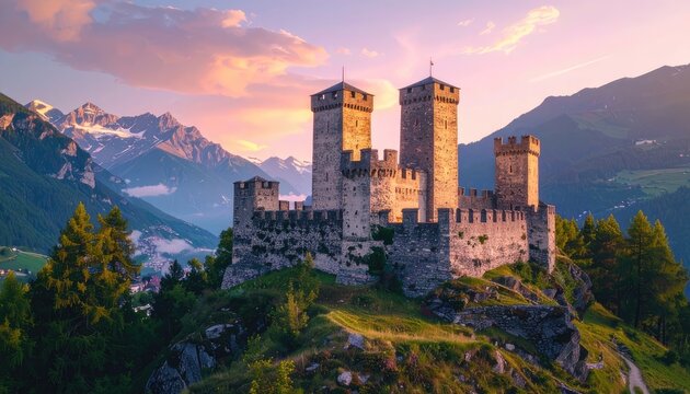 A majestic medieval castle stands proudly atop a verdant hill, bathed in the warm golden light of a setting sun.
