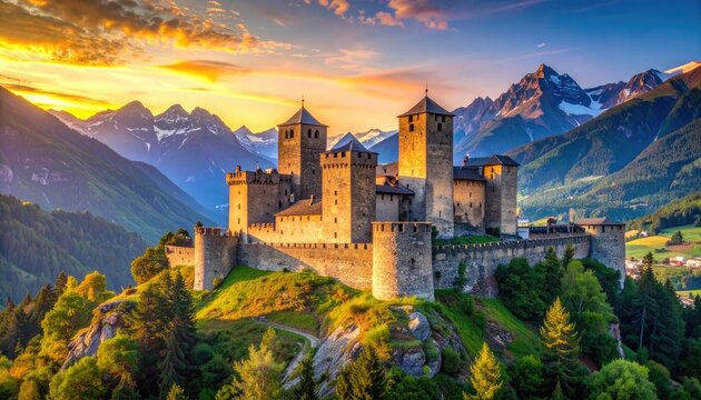 A medieval castle stands proudly atop a hill, bathed in the warm glow of a sunset, with majestic mountains in the background.