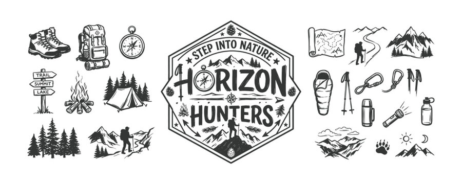 Vintage Hiking Adventure Icons and Outdoor Badge Set