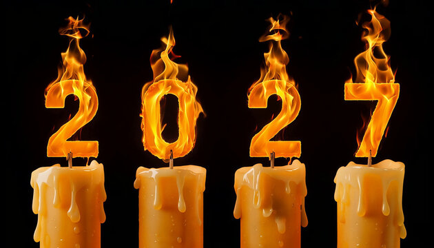 anno nuovo 2027 rappresentato con candele accese e fiamme, new year 2027 represented with lit candles and flames