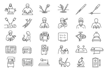Fototapeta premium This image is a set of 30 black line icons (Medical Surgery Line Icons) depicting surgical procedures, medical personnel, surgical instruments, and operating room equipment.