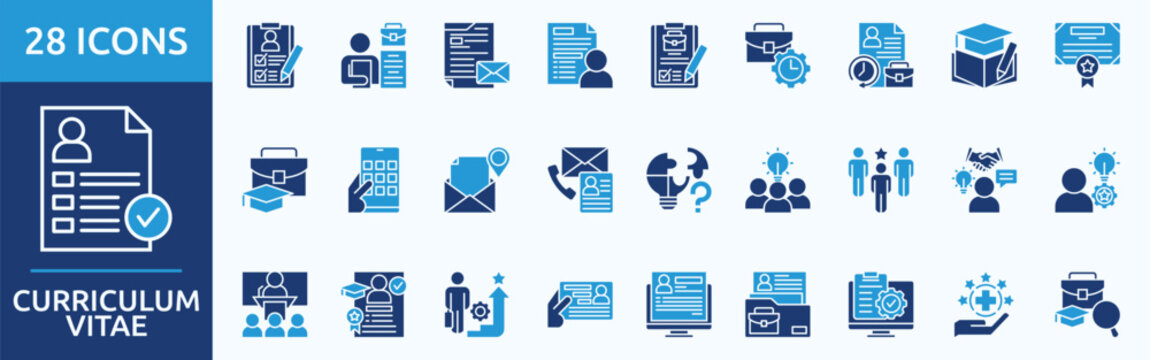 curriculum vitae
 - Icon Collection. Thin glyph blue Set contains such Icons as resume, job application, cover letter, personal profile, career summary and more. Simple web icons set
