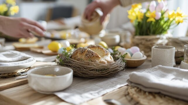 Cozy spring breakfast table with fresh bread and daffodils in a bright, sunlit kitchen setting