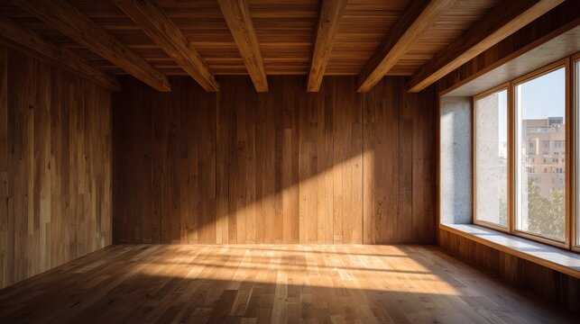 Empty room with wooden paneling and exposed ceiling beams in warm minimalist interior