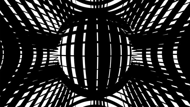 Abstract vector graphic illustration featuring a bold black and white geometric sphere pattern with curved radiating lines and distorted square grid elements creating a deep sense of intense visual 
