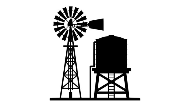 Farm windmill and water tank silhouette isolated on white