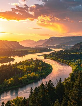 A majestic winding river snakes through lush green forests under a vibrant sunset sky.