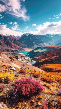A vibrant mountain landscape featuring a turquoise river winding through colorful, rugged terrain under a dramatic sky.
