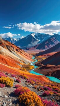 Vibrant mountain valley landscape with a turquoise river flowing through colorful, arid terrain under a clear blue sky.