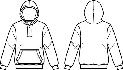 Set of technical sketches featuring casual pullover hoodies with drawstring-free hoods, front plackets, and kangaroo pockets for fashion design. © MdMucha
