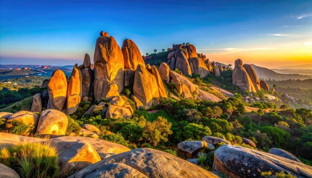 Golden hour illuminates a rugged mountainous landscape with large rock formations.