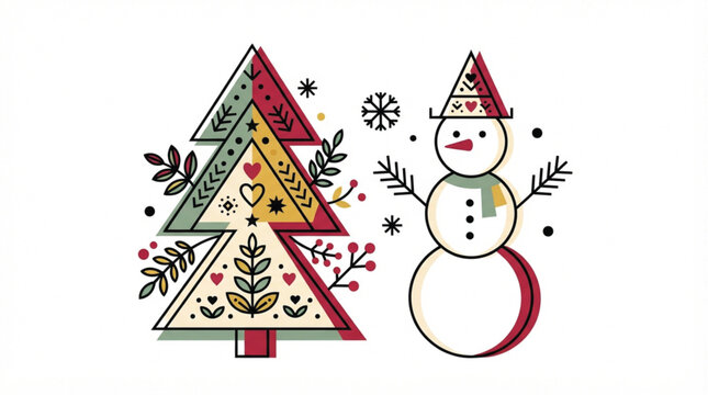  Abstract scandinavian folk art christmas vector design with boho winter tree and geometric snowman shapes