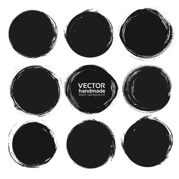 Vector black circles of thick textured paint smears ideal backgrounds isolated on white