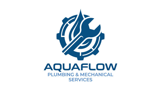 Professional plumbing and mechanical services logo design featuring a wrench and water drop icon.