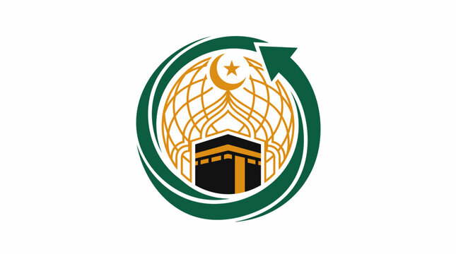 Islamic religious icon featuring the Kaaba in Mecca with a crescent moon and circular arrow design.