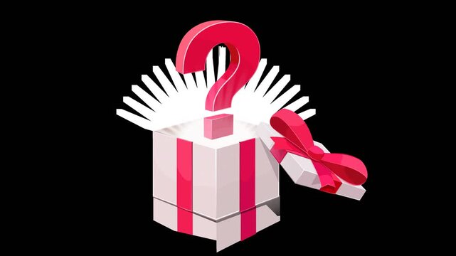 An open gift box releasing a glowing question mark symbol. Concept of curiosity, surprise, mystery, and unexpected solutions. Chroma key green screen with alpha channel. (loopable)