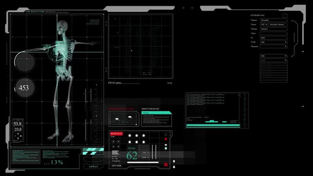 Futuristic medical HUD interface animation with human skeleton and digital health data