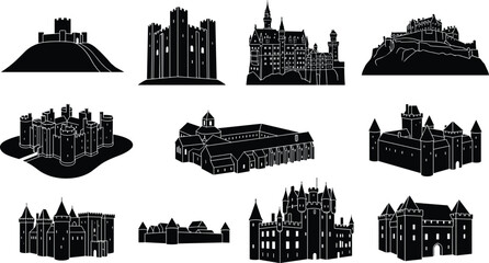 Set of black silhouette icons of historic medieval castles, fortresses, and palace structures for architectural design projects © MstShapla