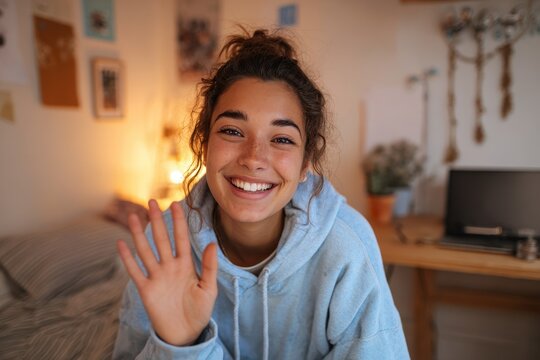 Gen Z teen girl chatting with a webcam from her bedroom, friendly headshot portrait for a vlog