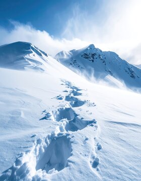 Footprints in the snow leading towards majestic mountains under a bright sky.