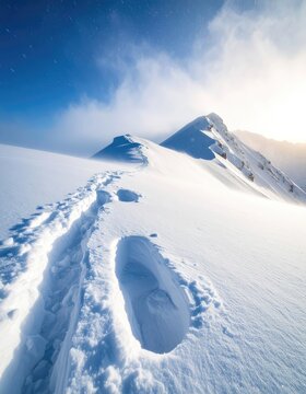 Footprints leading across a snowy mountain ridge under a bright sky.