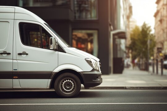 Generic white cargo van parked on an urban street with blank side panels