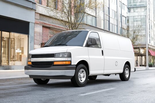 Generic white cargo van parked on an urban street with blank side panels