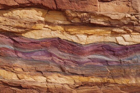 Geological wall of sandstone with vibrant color strata and faulting