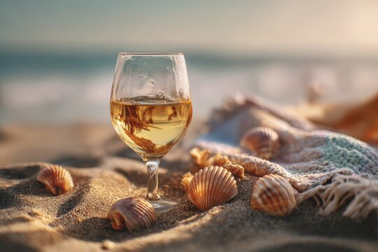 Glass of white wine on sunlit beach with seashells scattered on warm sand