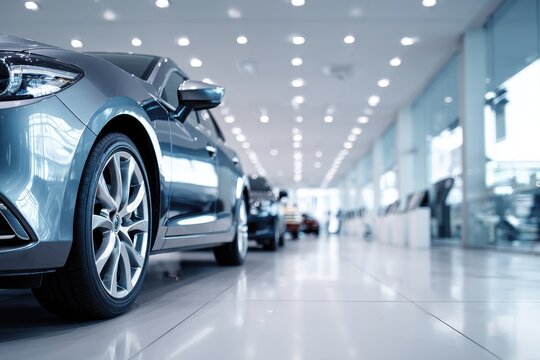 Gleaming new car on showroom floor with soft background blur