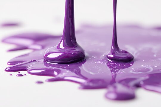 Glossy purple paint drips forming abstract patterns on a clean white surface