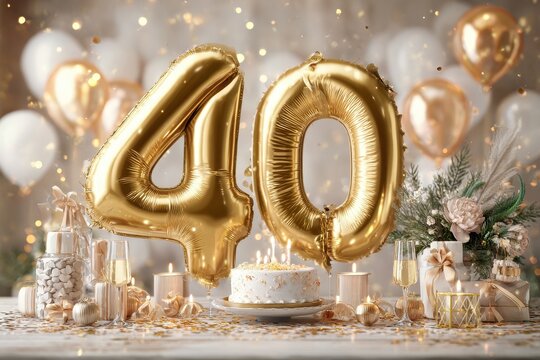Golden 40th Birthday Celebration with Number Balloons and Confetti - 3D Render