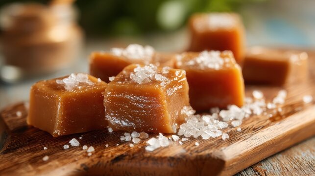 Golden caramel bars with salt crystals, artisanal dessert