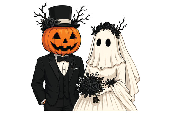 Halloween pumpkin head groom and ghost bride wedding illustration with black wedding halloween marriage romantic celebration character illustration mysterious seasonal together