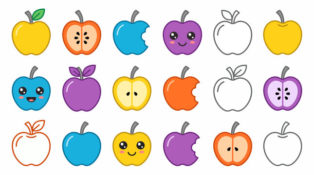 Collection of colorful cute apple icons with various styles including sliced bitten and whole fruits on white background, representing healthy nutrition and providing creative assets for kids