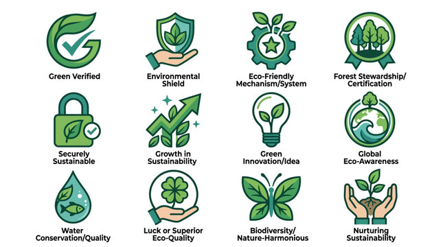 Sustainable environmental badges and eco-friendly certification labels.