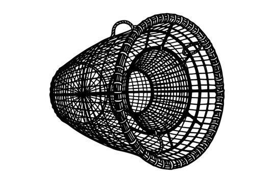 Traditional wicker fish trap illustration isolated on white background