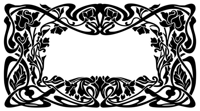 Vintage Art Nouveau Floral Frame Decorative Border Black and White Silhouette
