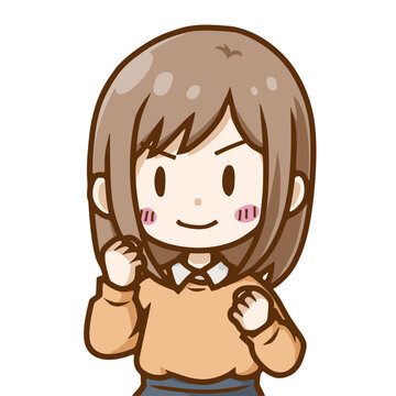 ガッツポーズで気合いを入れる若い女性のイラスト｜やる気・決意を表すデフォルメ人物素材