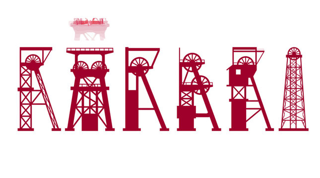 Row of red mining headframe silhouettes and industrial extraction towers on a plain white background, symbolizing industrial site development or resource extraction concept