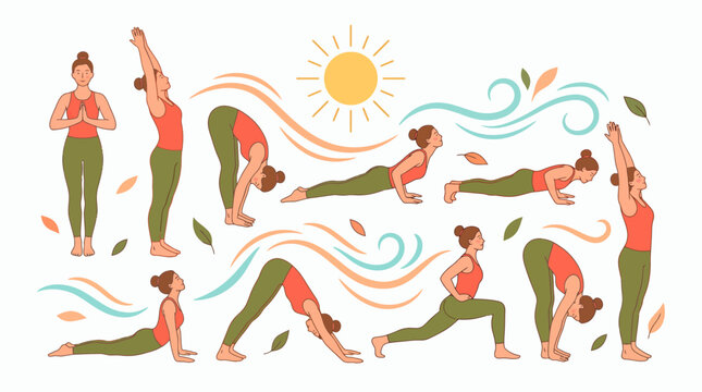 Various yoga poses of young woman practicing surya namaskar sun salutation sequence with sun and wind elements in flat vector style, symbolizing daily exercise and representing wellness