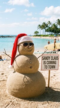 Snowman made out of sand. Holiday concept can be used for New Ye